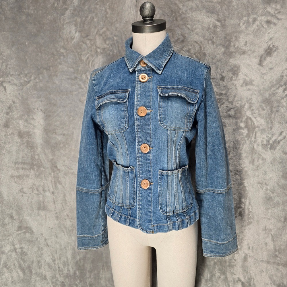 Tulle Petite Denim Jacket Women PXL Blue Button Up Utility Pockets Utility Indie
